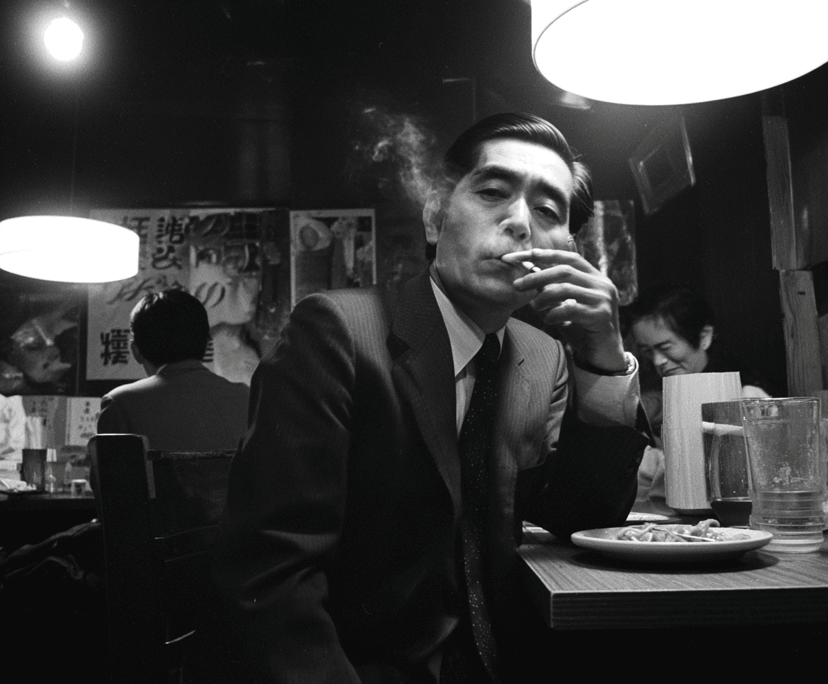 A salaryman in a suit smoking at a cluttered izakaya counter, black-and-white, late-night Tokyo interior