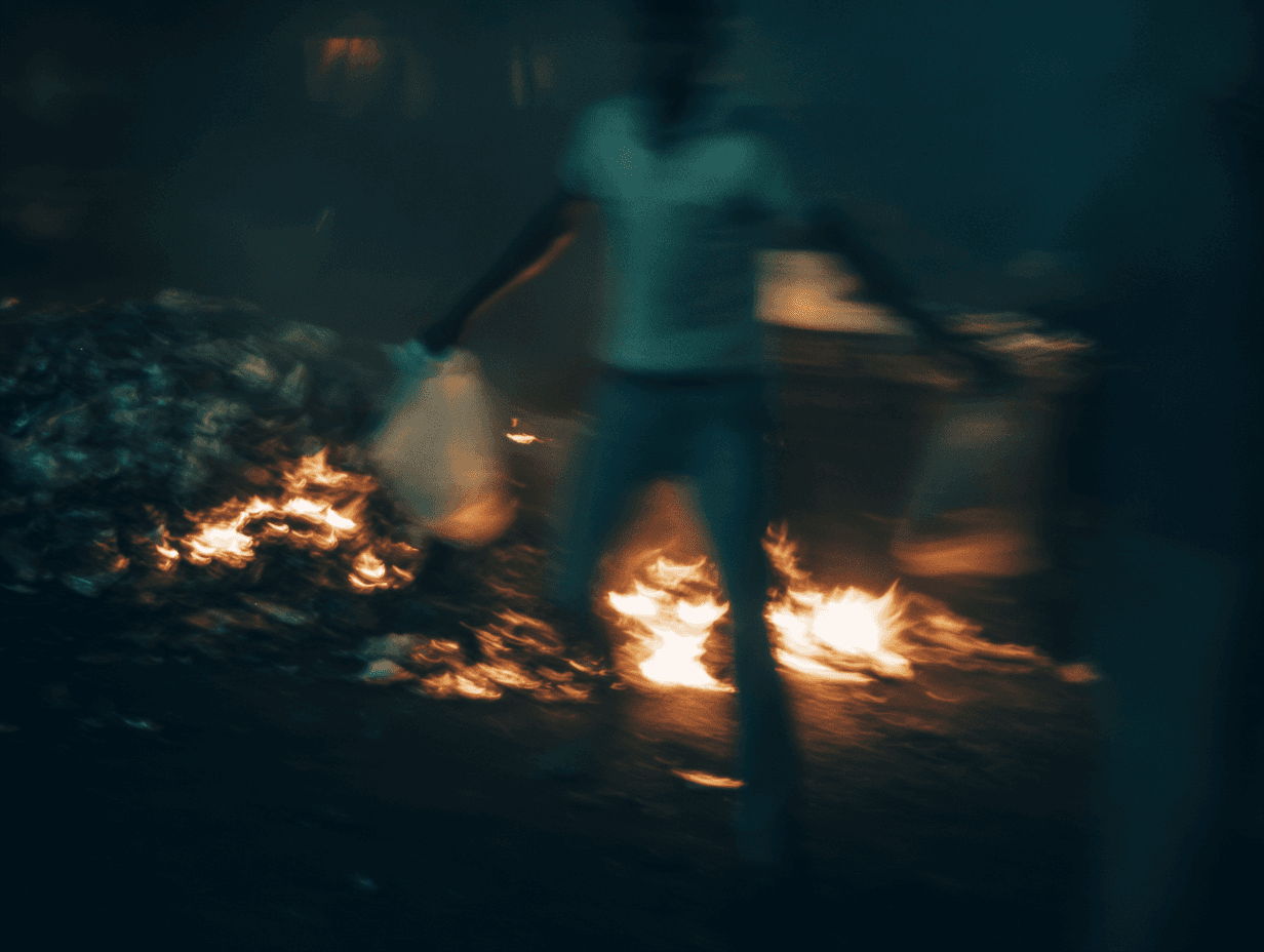 Blurred figure walking past small street fires at night, headlights and flame as the only light