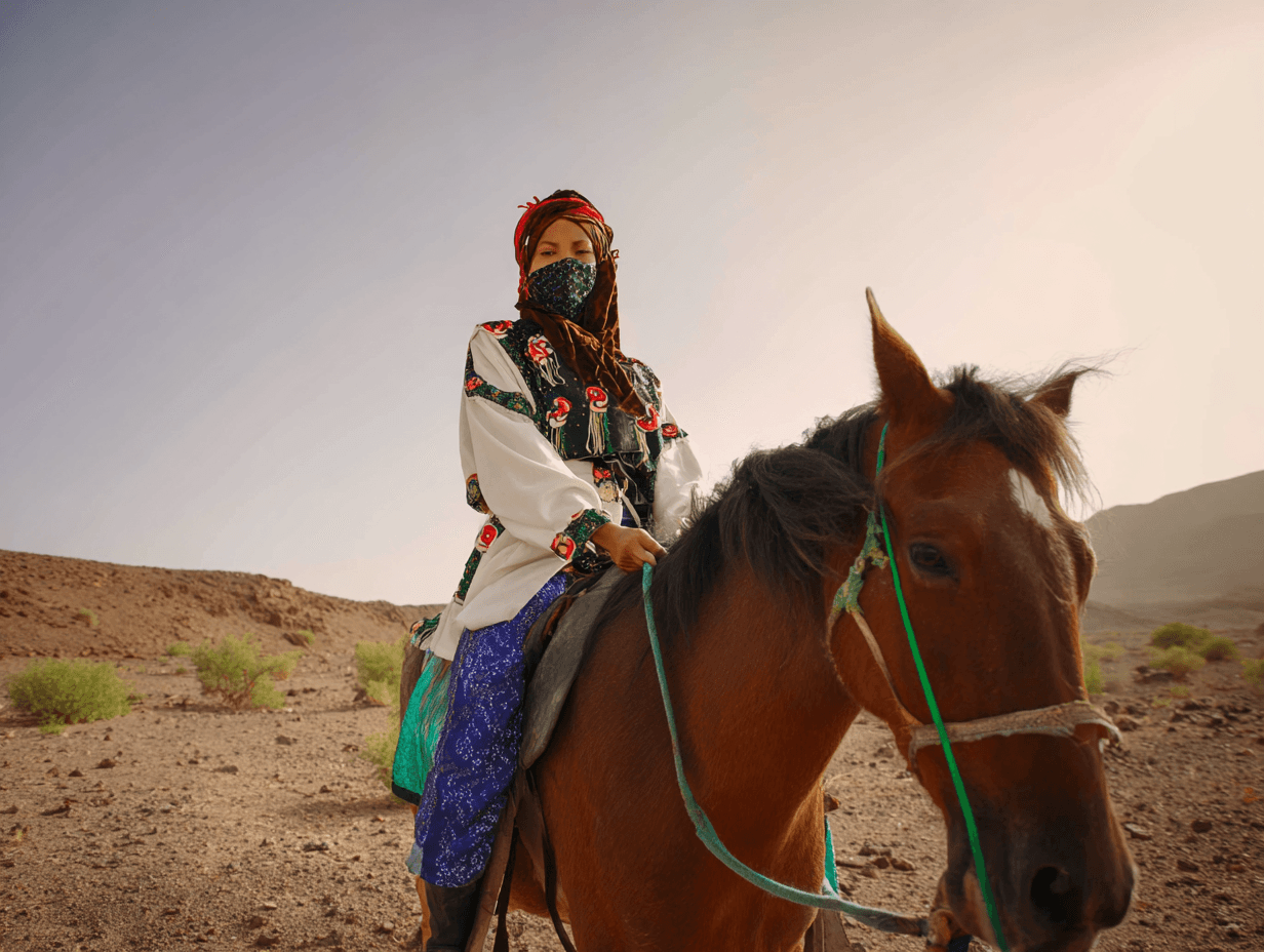 Tuareg woman on horseback in patterned indigo and red dress, veil across the lower face, desert background